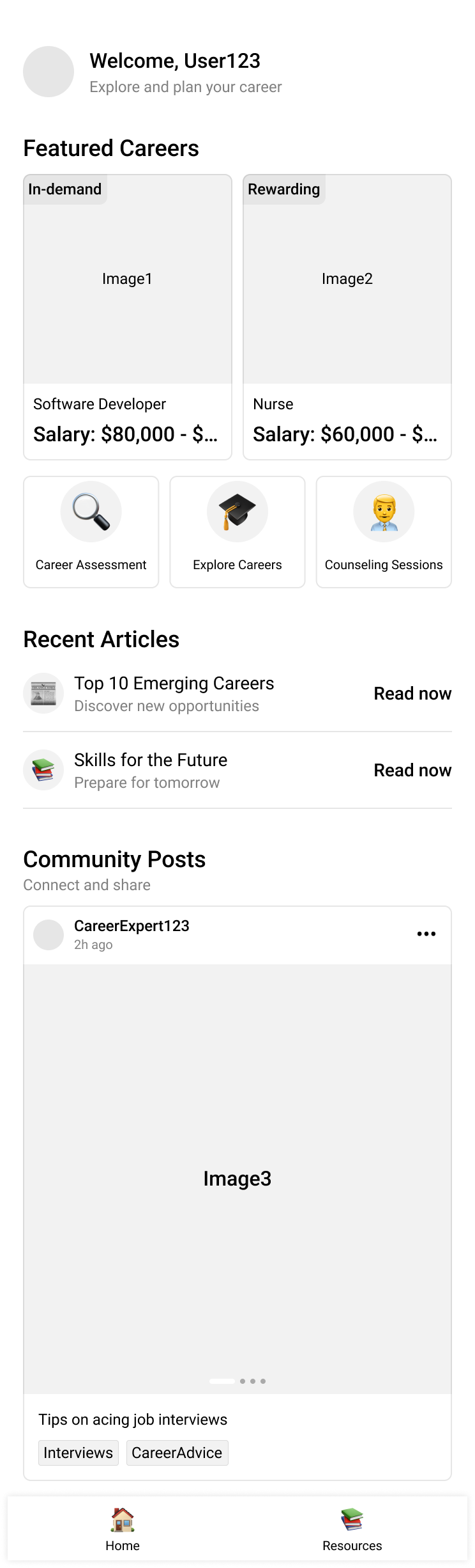 Key screen from the low-fidelity career advisor prototype