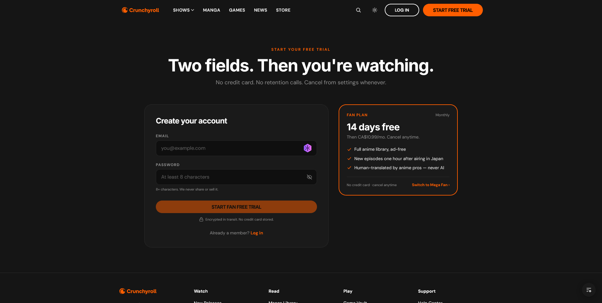 The redesigned signup page: two fields, no credit card