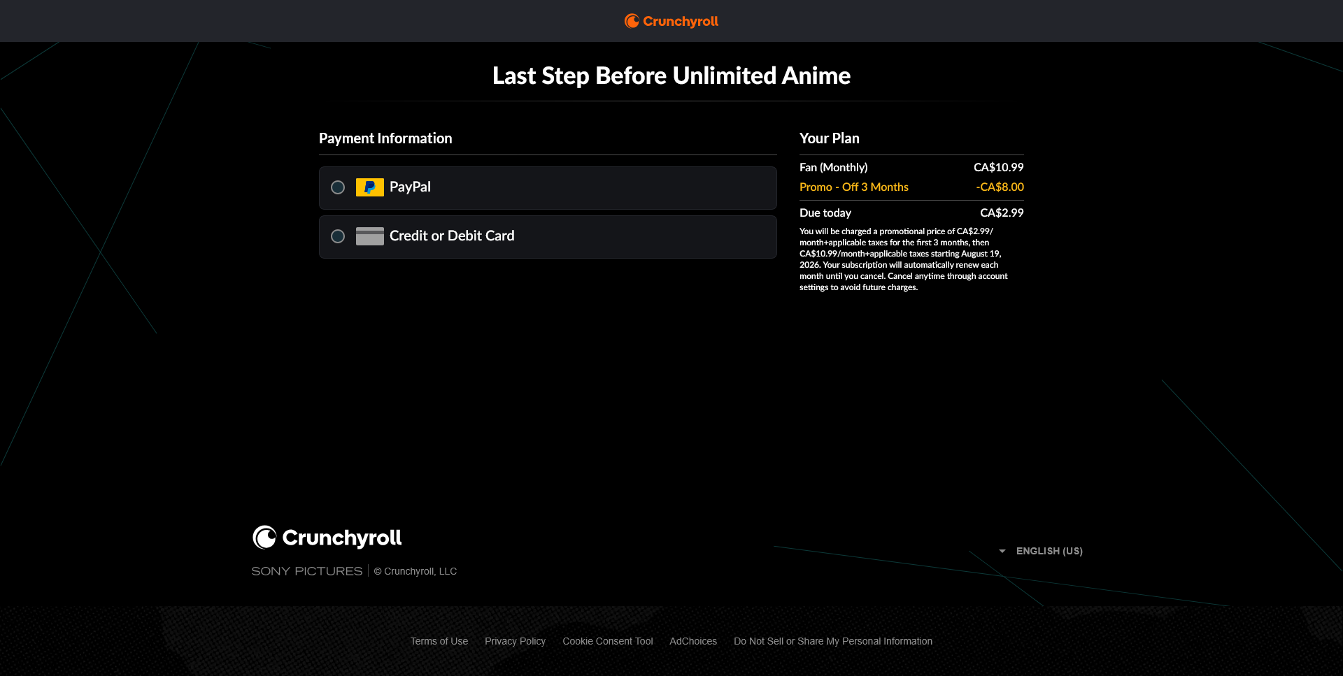The live Crunchyroll checkout, showing a credit card form and CA$2.99 due today