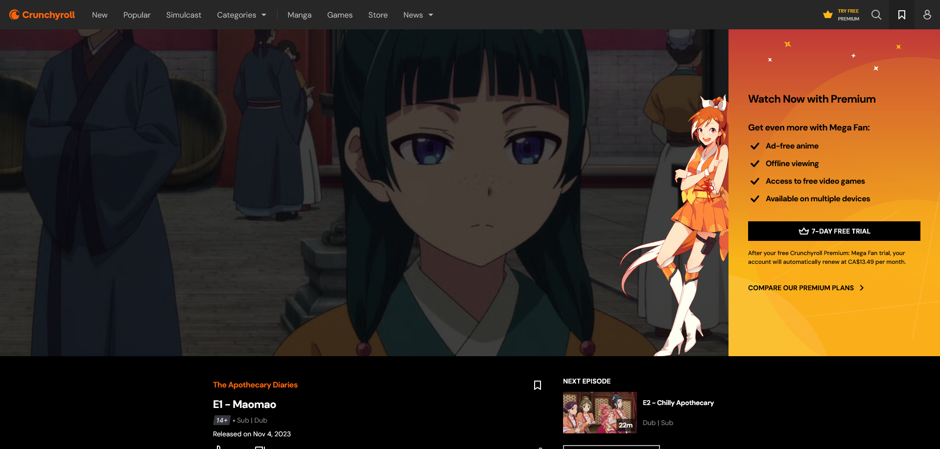 The live Crunchyroll paywall, firing the moment an episode is clicked