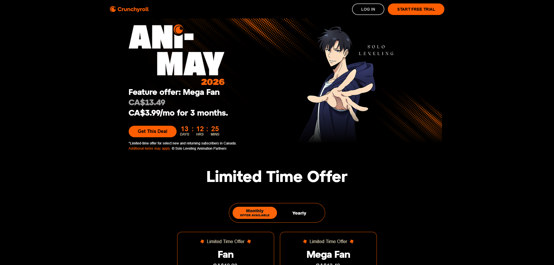 The audited Crunchyroll homepage, leading with a pricing table and a countdown timer